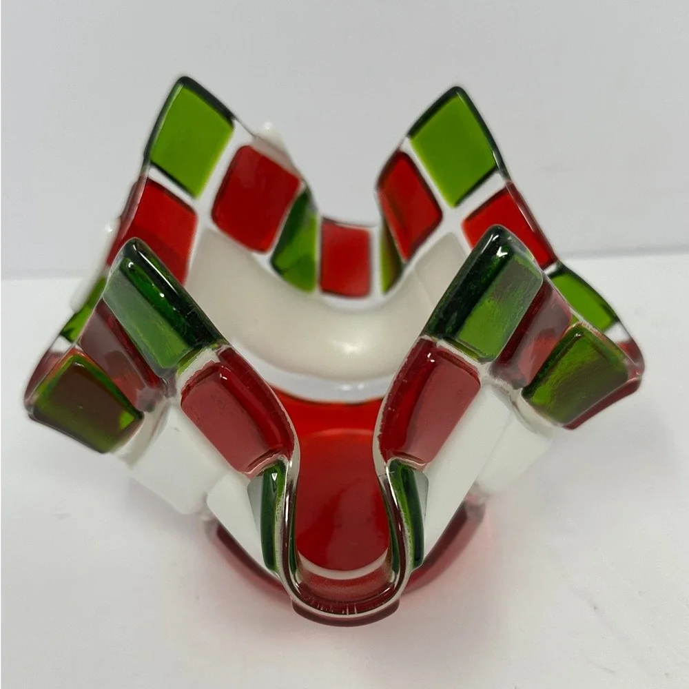 Art Glass Votive Candle Holder Red Green White Checkered Handkerchief Bowl A2